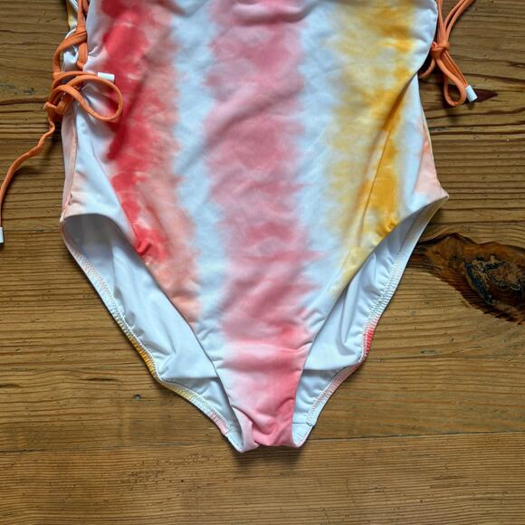 Sanctuary pink yellow orange tie dyed lace side one piece swimsuit SIZE L - Picture 4 of 8